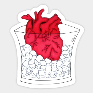 "On The Rocks" · Red heart on ice cubes in glass · minimalistic illustration Sticker